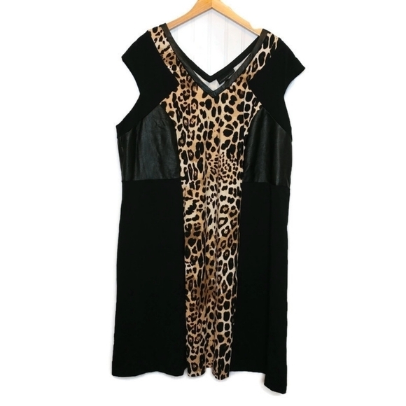 Lane Bryant Size‎ 26 Double V Neck Dress Black Leopard Print A Line Cap Sleeve - Picture 3 of 12
